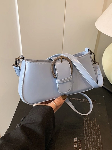 Damen Vintage PU Leder Umhängetasche Kleine Baguette Unterarmtasche Mit Metallschnalle Mode Einfarbig Handtasche