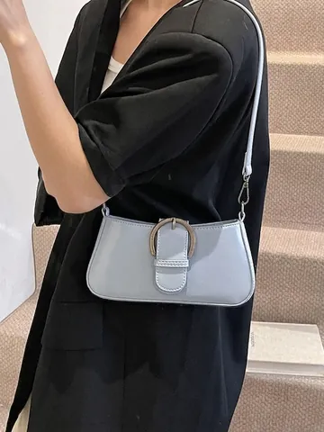 Damen Vintage PU Leder Umhängetasche Kleine Baguette Unterarmtasche Mit Metallschnalle Mode Einfarbig Handtasche