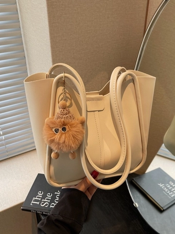 Damen Luxus Große Kapazität PU Leder Tote Bag Minimalistische Eimertasche Schultertasche Mit Süßem Plüsch Monster Anhänger Pendler Handtasche