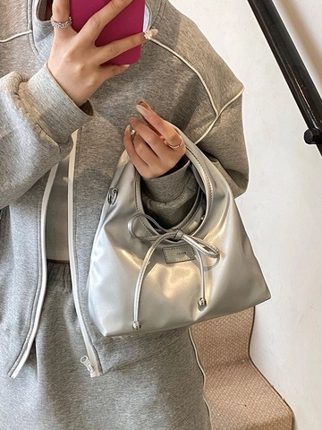 Damen Mode PU Leder Schleife Eimer Umhängetasche Vielseitige Glänzende Handtasche Mit Verstellbarem Gurt Hobo Schultertasche Für Alltag