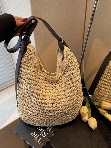 Damen Große Kapazität Gewebte Stroh Schultertasche Strandurlaub Stil Casual Hobo Tote Bag Mit Verstellbarem Lederriemen