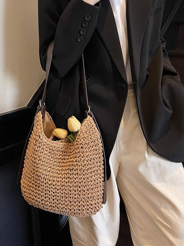 Damen Große Kapazität Gewebte Stroh Schultertasche Strandurlaub Stil Casual Hobo Tote Bag Mit Verstellbarem Lederriemen