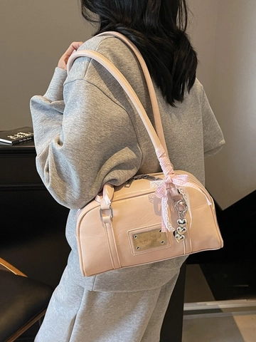 Women Glossy PU Leather Underarm Bag Large Capacity Boston Shoulder Bag With Ribbon Bow Heart Pendant Fashion Handbag