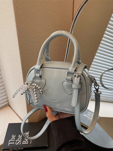Women Chic PU Leather Heart Shaped Shoulder Bag Sweet Boston Pillow Handbag With Bead Charm Detachable Strap Minimalist Crossbody Bag
