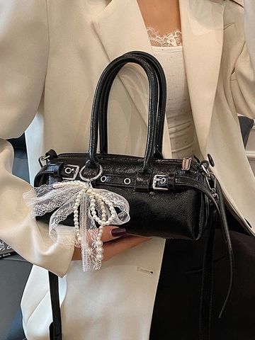 Borsa a Spalla Cilindrica da Donna in Pelle PU Con Fiocco di Perle e Ciondolo in Pizzo Elegante Borsa Sottobraccio Baguette