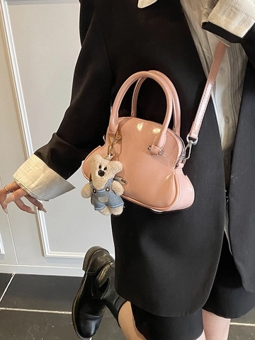 Elegante Bolso de Concha de Cuero PU para Mujer Bolso de Mano de Alta Moda Con Colgante de Oso de Peluche Correa de Hombro Desmontable