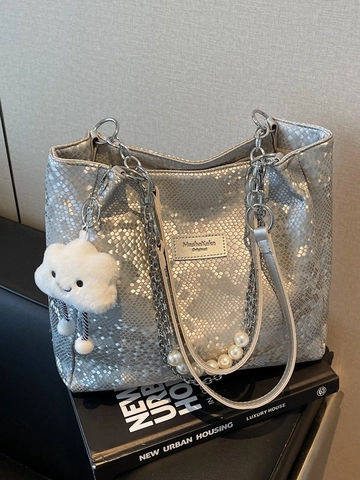 Borsa Tote da Donna Motivo Pelle di Serpente Pelle PU Grande Capacità Borsa a Tracolla Con Catena di Künstliche Perle E Pendaglio Nuvola