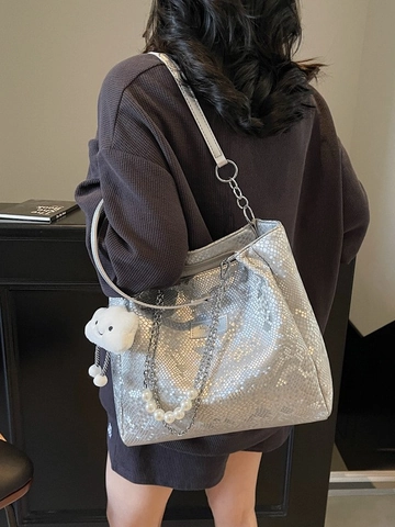 Borsa Tote da Donna Motivo Pelle di Serpente Pelle PU Grande Capacità Borsa a Tracolla Con Catena di Künstliche Perle E Pendaglio Nuvola