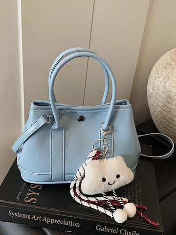 Women's Glossy PU Leather Handbag Minimalist Large Capacity Crossbody Bag With Plush Cloud Charm Solid Color Tote Satchel