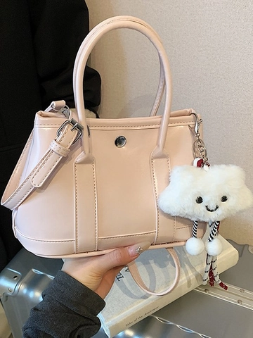 Women's Glossy PU Leather Handbag Minimalist Large Capacity Crossbody Bag With Plush Cloud Charm Solid Color Tote Satchel