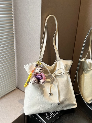 Borsa Tote da Donna di Grande Capacità in Pelle PU Plissettata Lucida Borsa a Tracolla Con Fiocco Coulisse e Perle di Metallo