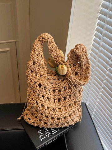 Bolso de Hombro Tipo Cubo Tejido para Mujer Bolso Tote de Ganchillo de Cuerda de Algodón Con Bolsa Interior Verano Playa Paja