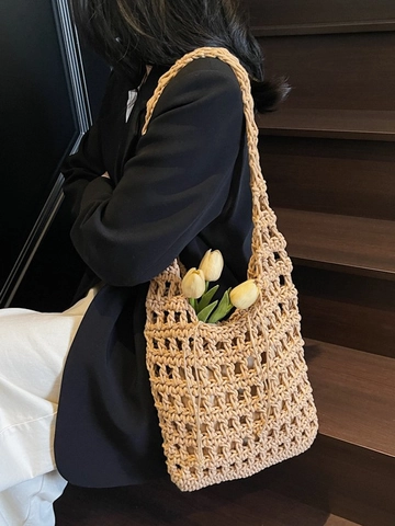 Bolso de Hombro Tipo Cubo Tejido para Mujer Bolso Tote de Ganchillo de Cuerda de Algodón Con Bolsa Interior Verano Playa Paja