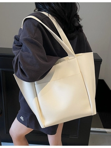 Bolso Tote Minimalista de Cuero PU para Mujer Gran Capacidad Bolso de Hombro Con Bolsillo Delantero Moda Viajero Color Sólido