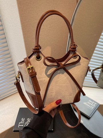 Bolso Cubo Vintage con Lazo para Mujer Cuero PU Bolso Bandolera con Asa de Nudo Elegante Bolso de Mano de Moda
