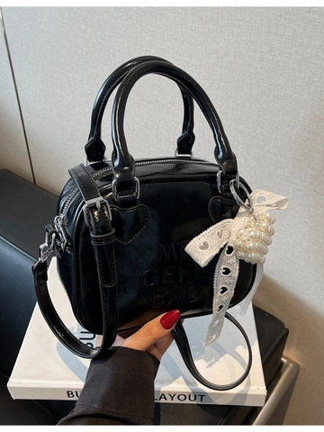 Borsa da Donna in Pelle PU Dolce a Forma di Cuore Pendente in Pizzo di Perle Tracolla Stile Boston Lettera Goffrata Moda