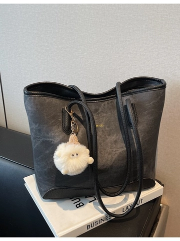 Large Capacity Women Tote Bag PU Leather Commuter Shoulder Bag With Plush Charm Solid Color Simple Casual Handbag