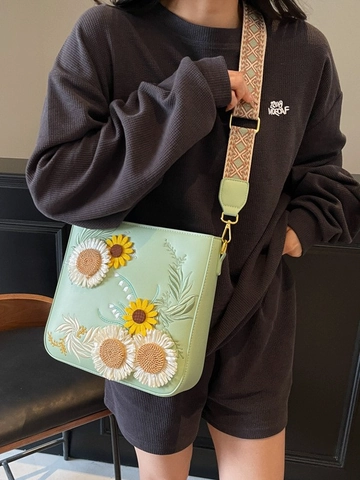Women PU Leather Shoulder Crossbody Bag 3D Sunflower Daisy Embroidery Ethnic Wide Strap Fashion Bucket Bag Daily Office