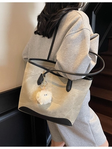 Large Capacity Women Tote Bag PU Leather Commuter Shoulder Bag With Plush Charm Solid Color Simple Casual Handbag