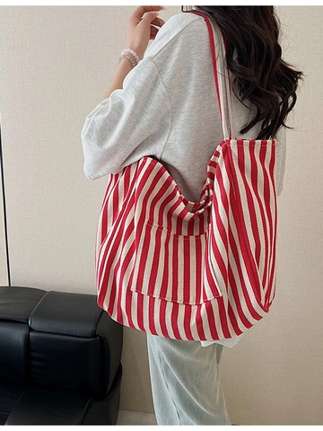 Women Fashion Canvas Tote Bag Large Capacity Vertical Striped Shoulder Bag With Exterior Pocket Casual Commuter Shopping Bag