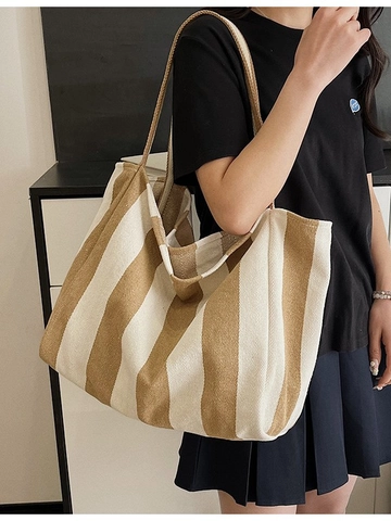 Women Fashion Canvas Tote Bag Large Capacity Vertical Striped Shoulder Bag With Exterior Pocket Casual Commuter Shopping Bag