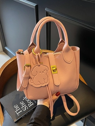 Bolso de Cubo de Cuero de PU Con Patrón de Litchi Y Colgante de Perro Para Mujer Color Sólido Simple Bolso de Hombro Bandolera