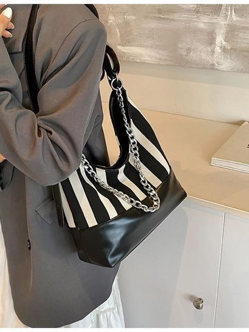 Borsa Tote a Righe in Pelle PU Tela Patchwork Borsa a Spalla Con Catena in Metallo Donna Pendolare Minimalista Hobo Bag