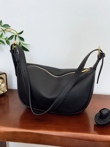 Women Lychee Texture PU Leather Crescent Bag Retro Minimalist Hobo Shoulder Bag Large Capacity Crossbody Saddle Bag