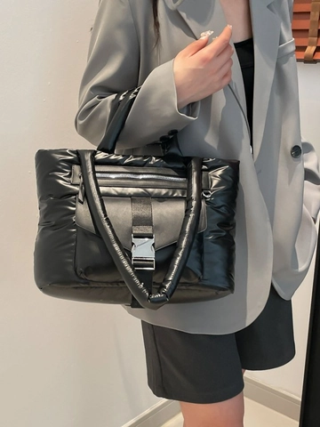 Women Shiny Quilted Puffer Tote Bag Large Capacity Metallic Nylon Shoulder Bag With Metal Buckle Casual Handbag For School