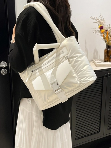 Women Shiny Quilted Puffer Tote Bag Large Capacity Metallic Nylon Shoulder Bag With Metal Buckle Casual Handbag For School