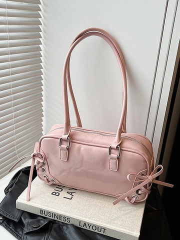 Women Fashion Bow Lace-up Underarm Shoulder Bag PU Leather Patent Bowling Handbag Versatile Y2K Coquette Style Solid Color Crossbody Bag