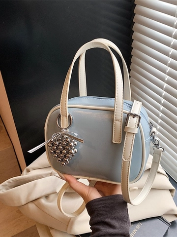 Borsa Quadrata Piccola in Pelle PU Lucida Alla Moda Per Donna Borsa a Mano Versatile Con Colori a Contrasto Borsa a Tracolla Con Pendaglio a Cuore