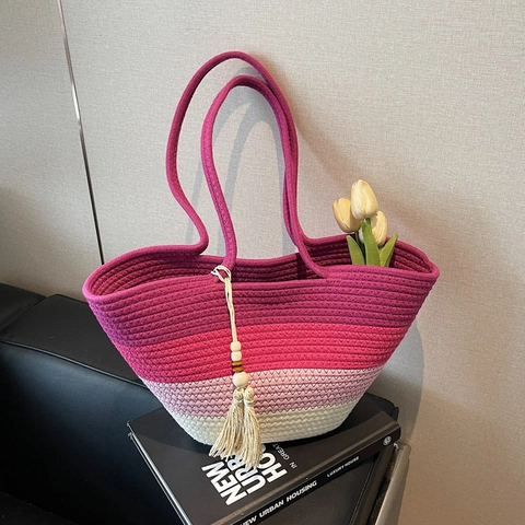 Woven Tote Bag Gradient Contrast Color Straw Handbag With Tassel Wood Beads Summer Beach Vacation For Women