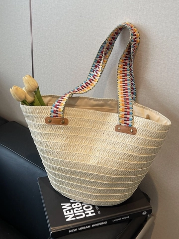 Dames Grote Capaciteit Stro Tote Bag Geweven Schoudertas Met Gekleurde Geometrische Webbing Strap Boho Vakantie Strand Handtas