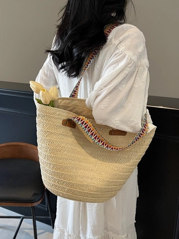 Dames Grote Capaciteit Stro Tote Bag Geweven Schoudertas Met Gekleurde Geometrische Webbing Strap Boho Vakantie Strand Handtas