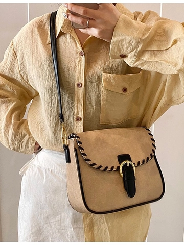 Vintage Ziernaht PU Leder Umhängetasche Damen Kleine Quadratische Schultertasche Mit Trensenschnalle Pendeln Mode Handtasche