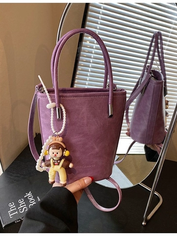 Bolso Cubo de Cuero PU Minimalista para Mujer Estilo Coreano Bolso de Bandolera Casual Con Lindo Colgante de Muñeca y Perla Nuevo Bolso de Mano Simple de Moda