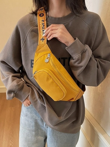 Women Casual Cotton Fabric Chest Bag Wide Jacquard Strap Crossbody Waist Bag Sporty Travel Phone Pouch Urban Style