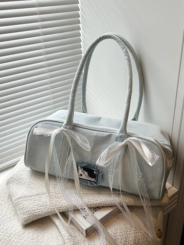 Vintage Denim Unterarmtasche Damen Hellblau Schleife Spitze Dekoration Süß Stil Schultertasche Lässig Reise Tote Handtasche