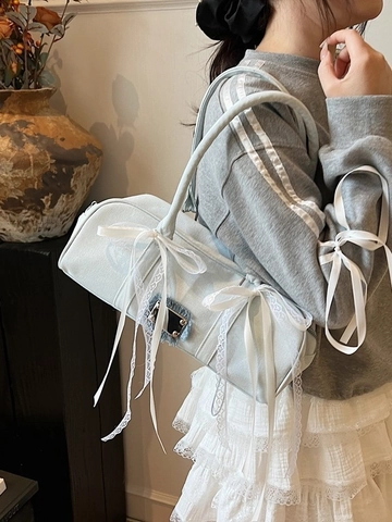Vintage Denim Unterarmtasche Damen Hellblau Schleife Spitze Dekoration Süß Stil Schultertasche Lässig Reise Tote Handtasche