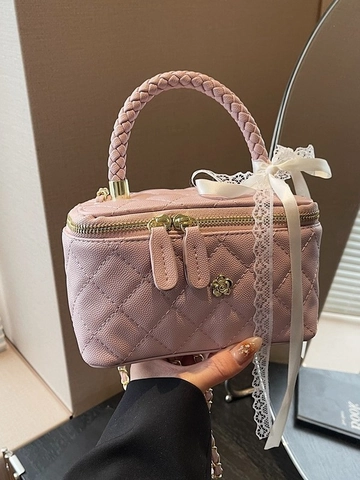 Sac Bandoulière Matelassé Élégant Pour Femme Mini Sac à Main Boîte Avec Poignée Tissée Nœud en Dentelle Pendentif Fleur en Métal Chaîne