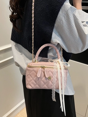 Sac Bandoulière Matelassé Élégant Pour Femme Mini Sac à Main Boîte Avec Poignée Tissée Nœud en Dentelle Pendentif Fleur en Métal Chaîne