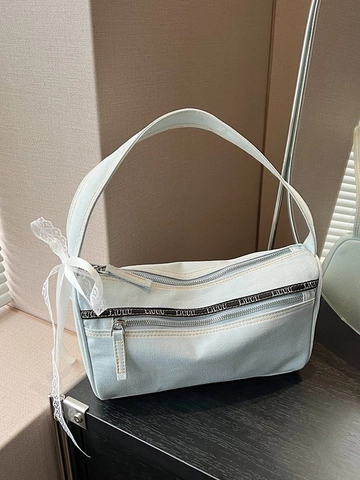Damen Vintage Denim Schultertasche Mit Spitzenschleife Y2K Stil Doppelreißverschluss Achseltasche Lässige Tote Fashion Handtasche