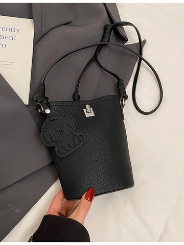 Women Litchi Texture Bucket Bag PU Leather Small Crossbody Bag Dog Charm Silver Lock Simple Casual Shoulder Bag Fashion Gift