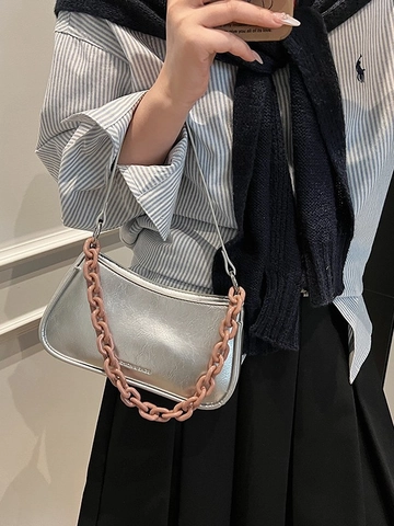 Women's Fashion PU Leather Underarm Bag Dumpling Shape Crossbody Bag with Chunky Resin Chain Simple Shoulder Bag for Daily