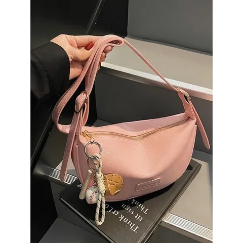 Women Fashion PU Leather Underarm Bag Half Moon Hobo Bag Litchi Grain Handbag With Sports Baseball Pendant For Commute Daily