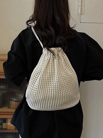 Women Fashion Hollow Out Woven Backpack Cotton Linen Drawstring Bucket Bag Lightweight Crochet Travel Bag For Women