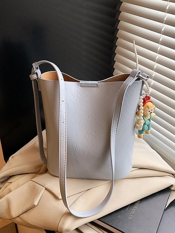 Fashion Women Bucket Bag PU Leather Single Shoulder Bag Commuting Crossbody Bag With Cartoon Doll Artificial Pearl Pendant Handbag