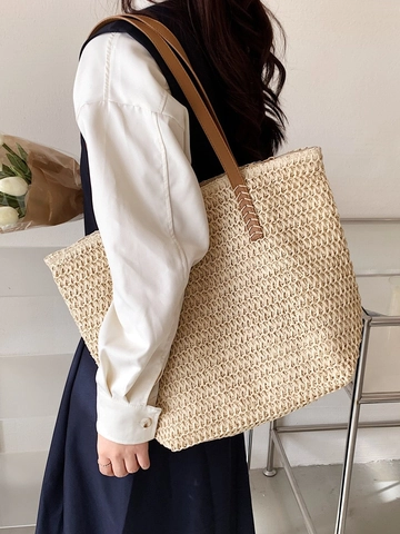 Sac Cabas Décontracté en Paille Tressée pour Femmes Grande Capacité Sac à Bandoulière de Plage Vacances Avec Poignée en Cuir PU Fermeture Éclair Usage Quotidien
