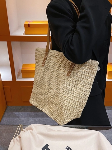 Sac Cabas Décontracté en Paille Tressée pour Femmes Grande Capacité Sac à Bandoulière de Plage Vacances Avec Poignée en Cuir PU Fermeture Éclair Usage Quotidien